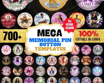 700+ Memorial Button Pin Mega Bundle, In Loving Memory RIP Photo Badge Templates, Editable Canva Funeral Favors