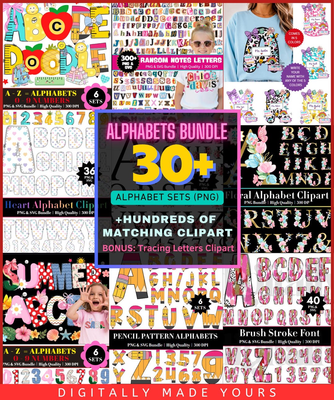 School Doodle Alphabet PNG Bundle, Uppercase Lowercase Letters With ...