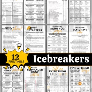 Könnte beinhalten: Eine Sammlung von 12 druckbaren Eisbrecher-Spielen, darunter "Dicebreaker", "6 Seconds" und "Never Have I Ever". Die Spiele bieten verschiedene Anregungen und Herausforderungen, die für soziale Interaktion konzipiert sind. Der Text "Digitally Made Yours" steht unten.