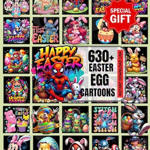 630+ Pasen Cartoon Png-bundel, Pasen Png, Cartoon Paasbundel, Konijntje, Superheld Trendy, Digitale Download, Sublimatieontwerp, Pasen SVG