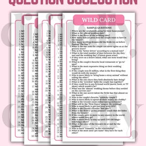 May include: A set of white cards with wedding-themed questions, including "Wild Card" questions. The cards are arranged on a pink background with the text "Question Suggestion" at the top.
