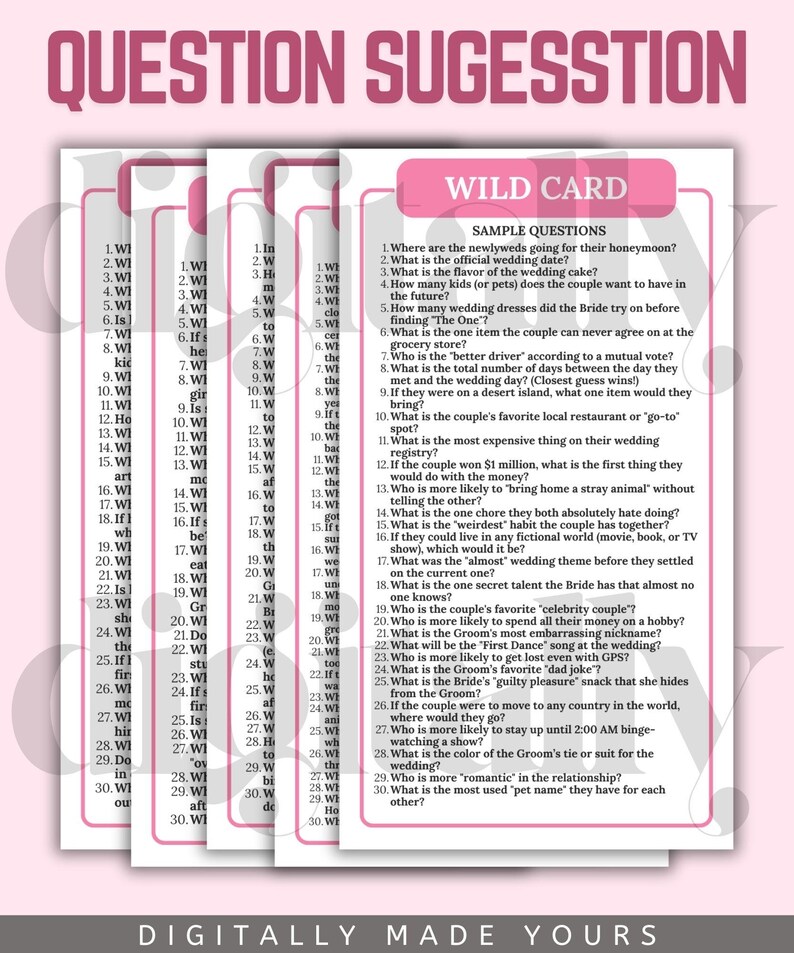 May include: A set of white cards with wedding-themed questions, including "Wild Card" questions. The cards are arranged on a pink background with the text "Question Suggestion" at the top.