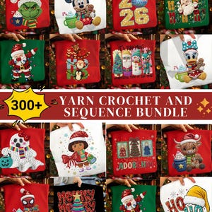 May include: A collection of Christmas-themed tote bags, each featuring unique embroidered designs. The bags showcase characters like Santa, Mickey Mouse, and the Grinch, along with festive text and holiday imagery. The text "YARN CROCHET AND SEQUENCE BUNDLE" is also visible.