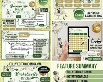 Gioco Jeopardy per addio al nubilato in stile retrò, gioco a quiz per addio al nubilato, presentazione Canva modificabile, bikini e martini, margarita e matrimonio