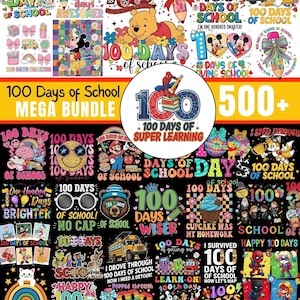以下が含まれることがあります： 100日間の学校を祝うカラフルなグラフィックとテキストのコレクション。デザインには、漫画のキャラクター、スクールバス、さまざまなスタイルで「100 Days of School」というテキストが含まれています。 500以上のデザインのメガバンドル。