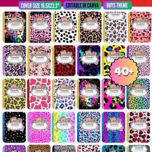 May include: A collection of digital composition notebook covers featuring various animal print, neon, and abstract patterns. Each cover includes a central label with the text Composition Notebook and a graphic of a backpack and school bus.