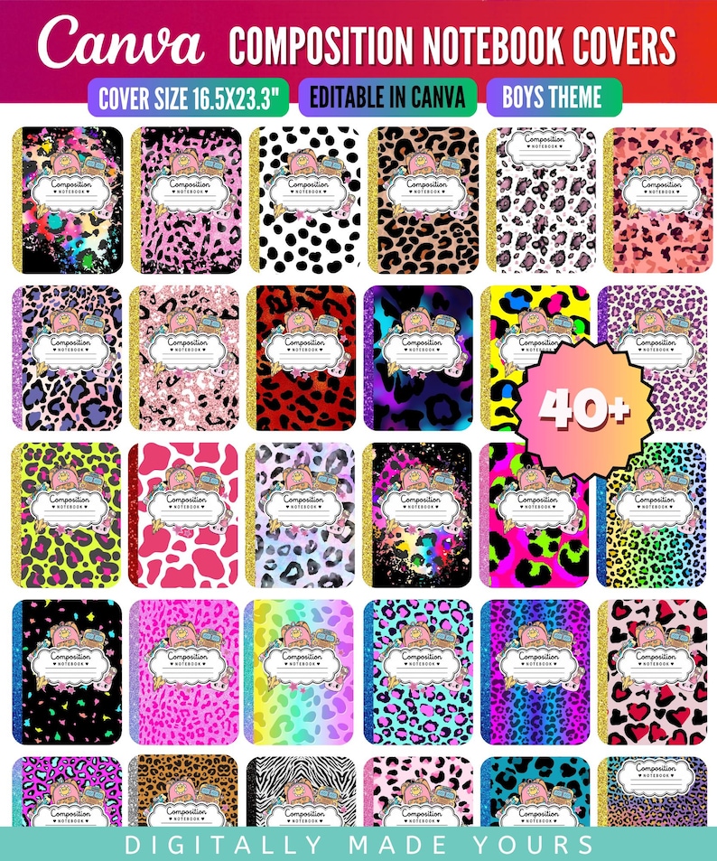May include: A collection of digital composition notebook covers featuring various animal print, neon, and abstract patterns. Each cover includes a central label with the text Composition Notebook and a graphic of a backpack and school bus.