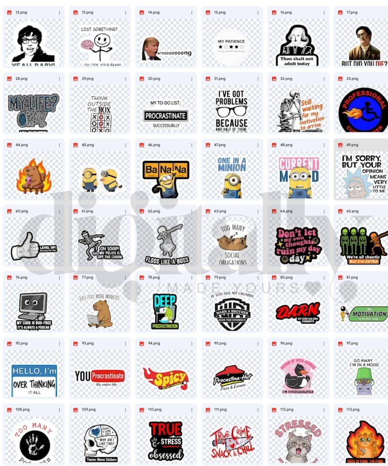 May include: Collection of various sticker designs with humorous phrases and graphics. Includes images with text like "My Patience", "Think Outside the Box", and "One in a Minion".