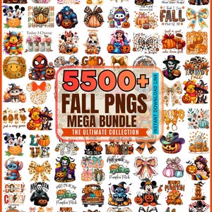 Op de afbeelding: Een digitale collectie van 5500+ herfst-thema PNG grafische ontwerpen met pompoenen, herfstbladeren, strikken en diverse stripfiguren. De centrale tekst luidt 5500+ FALL PNGS MEGA BUNDLE THE ULTIMATE COLLECTION INSTANT DOWNLOAD LINK.
