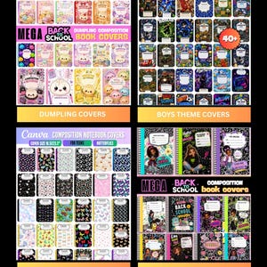 May include: A digital collection of printable composition notebook covers featuring various themes including dumplings, video games, butterflies, and school-aged characters with text labels like Back to School and Composition Notebook.