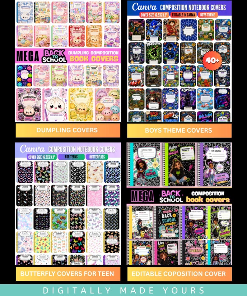 May include: A digital collection of printable composition notebook covers featuring various themes including dumplings, video games, butterflies, and school-aged characters with text labels like Back to School and Composition Notebook.
