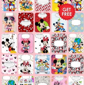 May include: A collection of twenty-five rectangular composition book covers featuring various Disney characters including Mickey Mouse, Minnie Mouse, Donald Duck, and Goofy. Each cover includes a white label area for text and vibrant patterns.