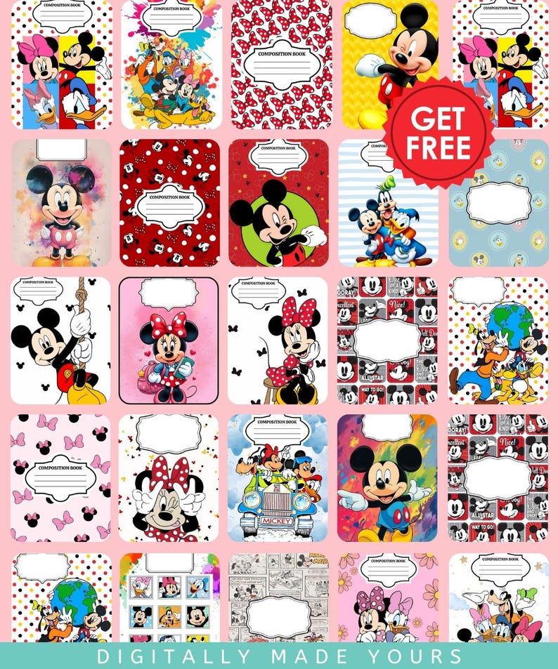 May include: A collection of twenty-five rectangular composition book covers featuring various Disney characters including Mickey Mouse, Minnie Mouse, Donald Duck, and Goofy. Each cover includes a white label area for text and vibrant patterns.