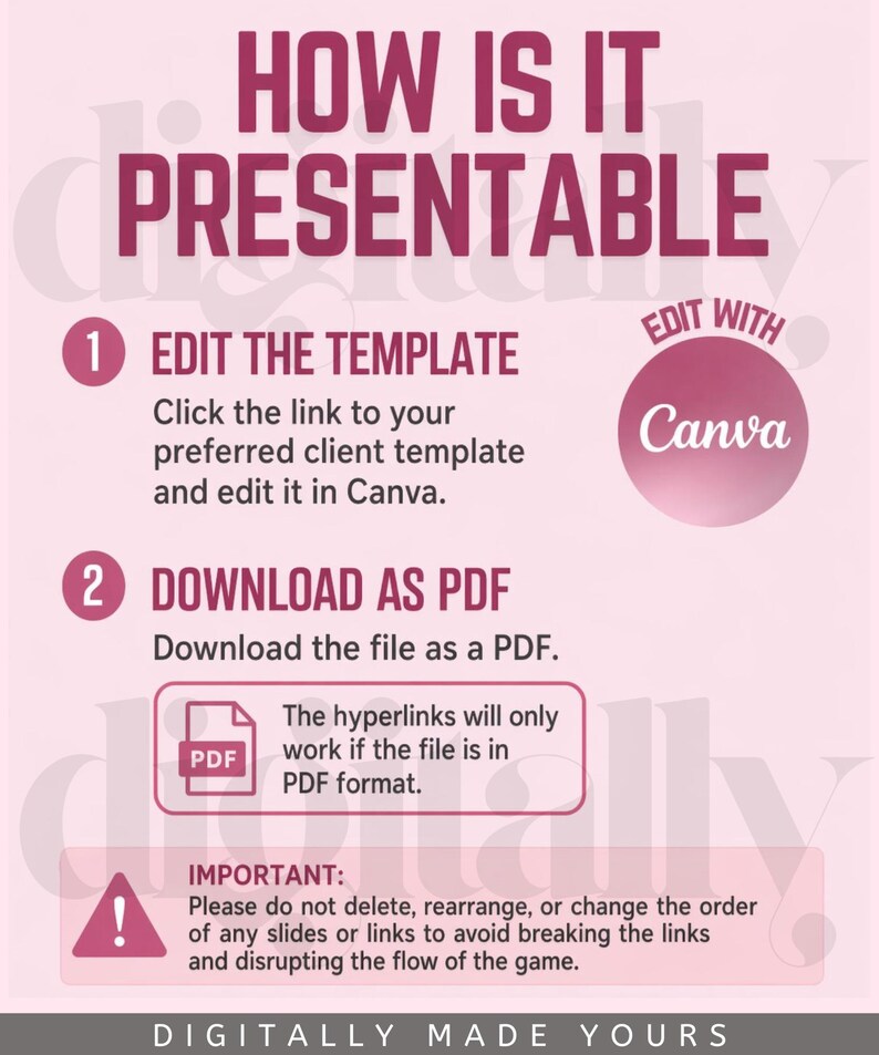 May include: A pink and white graphic with the text "HOW IS IT PRESENTABLE". Instructions include editing a template in Canva and downloading as a PDF. The image also includes the text "DIGITALLY MADE YOURS".