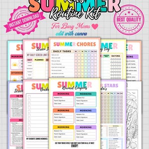 Editable Summer Routine Kit for Kids, Printable Chore Chart Bundle, Behavior Chart, Daily Planner, Screen Time Tracker, Free Canva Template