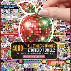 Puede incluir: Una pegatina troquelada con forma de manzana de bola de discoteca con facetas de espejo rojas y verdes y una hoja verde. La pegatina se muestra sobre un collage de varios diseños con el texto 4000+ ALL STICKERS BUNDLES 27 DIFFERENT BUNDLES.