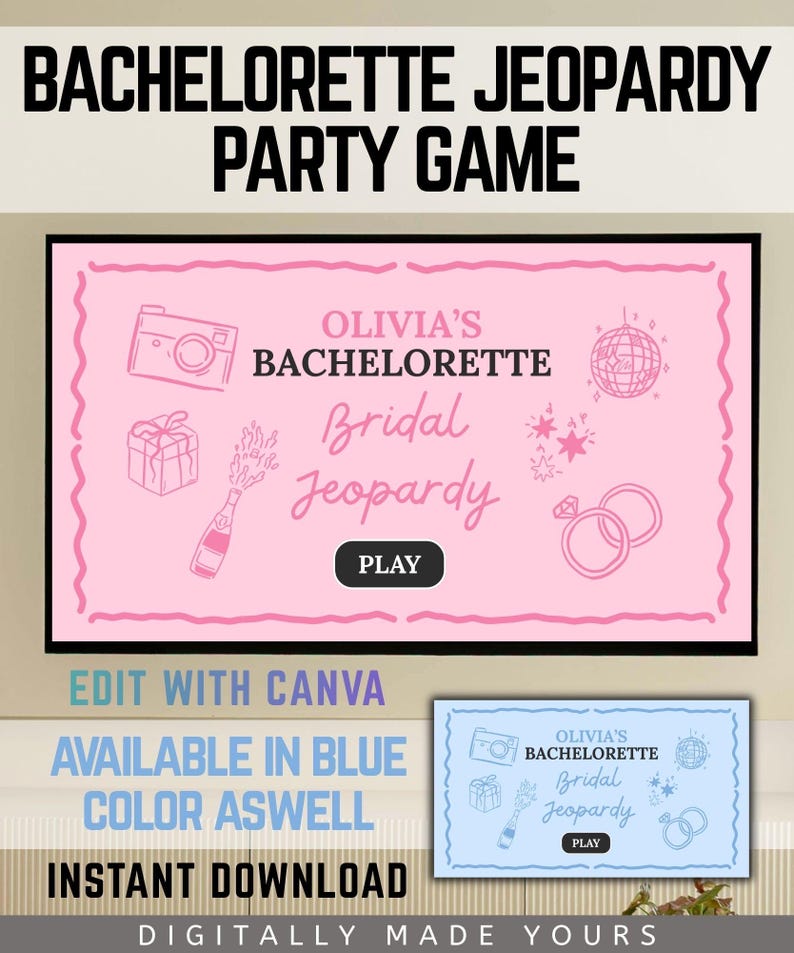 May include: A pink bachelorette party game with the text "Bachelorette Jeopardy Party Game." The game features illustrations of a camera, gift, champagne bottle, disco ball, stars, and rings. The text "Olivia's Bachelorette Bridal Jeopardy" is displayed.