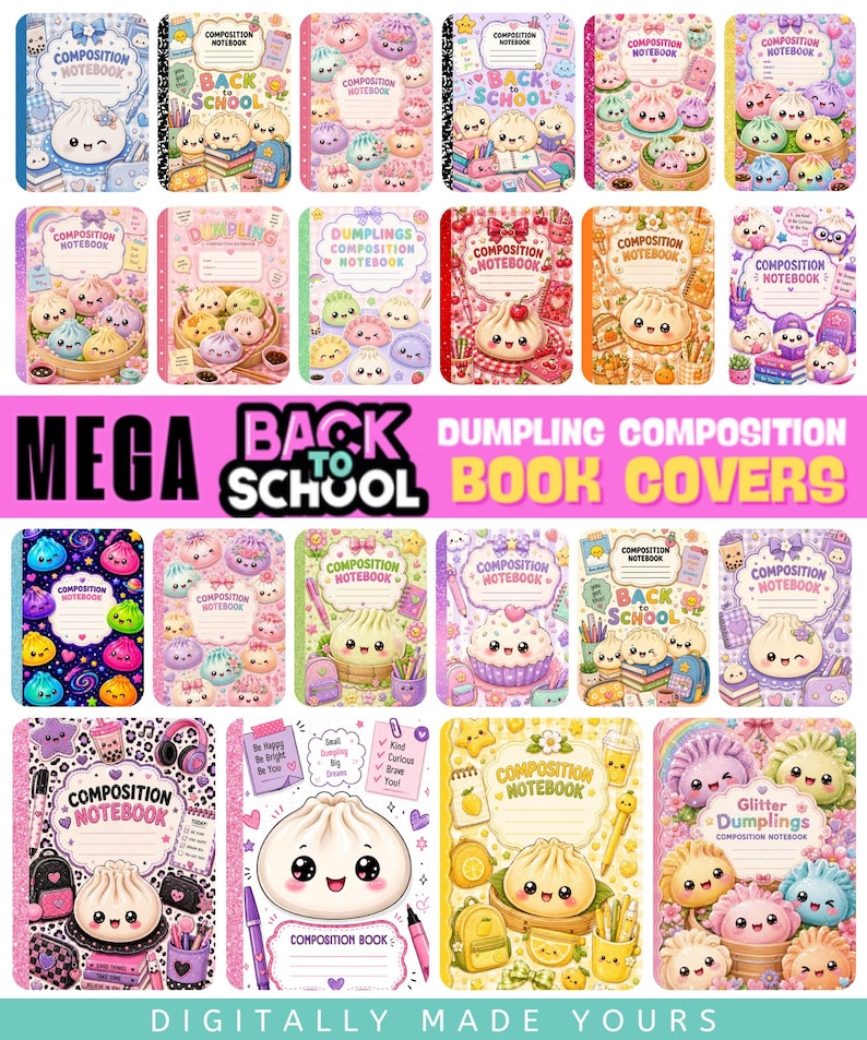 May include: A collection of twenty-four digital composition notebook covers featuring kawaii-style dumpling characters in various pastel colors, surrounded by school supplies, rainbows, and stars, with text labels including Composition Notebook.