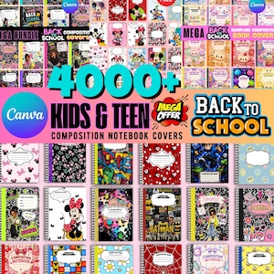 Editable Composition Notebook Cover Templates, Back to School Mega Bundle, Canva Notebook Covers, Printable School Binder Covers