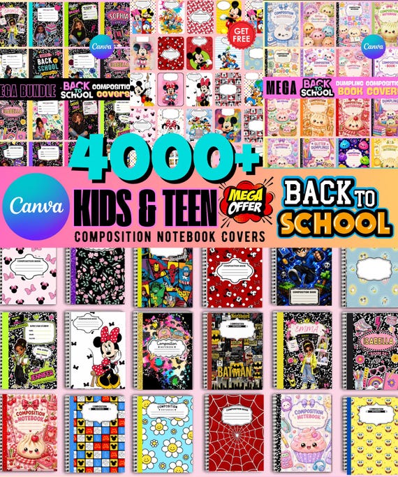 Editable Composition Notebook Cover Templates, Back to School Mega Bundle, Canva Notebook Covers, Printable School Binder Covers