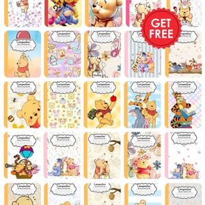 May include: A collection of twenty-five composition notebooks featuring various illustrations of Winnie the Pooh and friends. Each notebook has a label at the top reading Composition Notebook and a red circular badge stating GET FREE.
