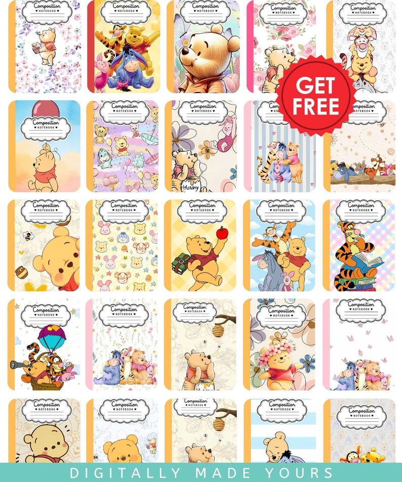 May include: A collection of twenty-five composition notebooks featuring various illustrations of Winnie the Pooh and friends. Each notebook has a label at the top reading Composition Notebook and a red circular badge stating GET FREE.