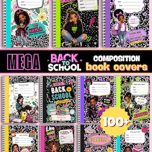 May include: A collection of spiral-bound composition book covers featuring black and white patterned backgrounds, illustrations of students, and text labels for name, grade, and teacher. The designs include colorful accents, motivational phrases, and various school-themed graphics.
