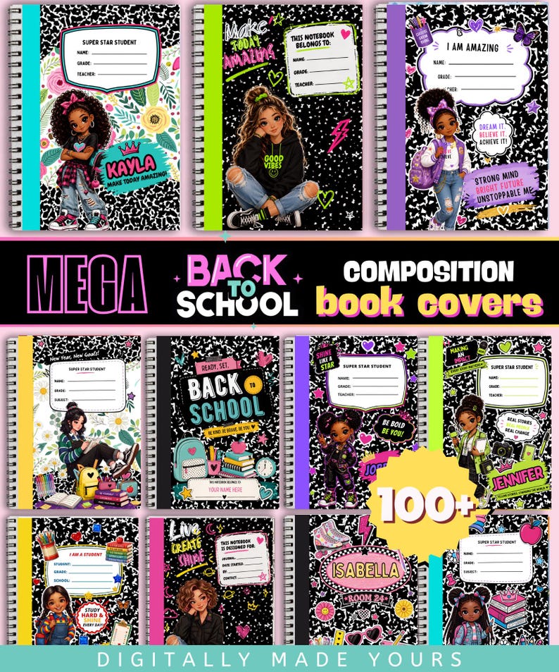 May include: A collection of spiral-bound composition book covers featuring black and white patterned backgrounds, illustrations of students, and text labels for name, grade, and teacher. The designs include colorful accents, motivational phrases, and various school-themed graphics.