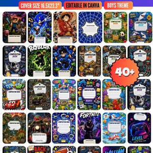 May include: A collection of over 40 digital composition notebook covers featuring various graphic themes including video games, space, sports, and animals. Each cover includes a central white label with the text Composition Book.
