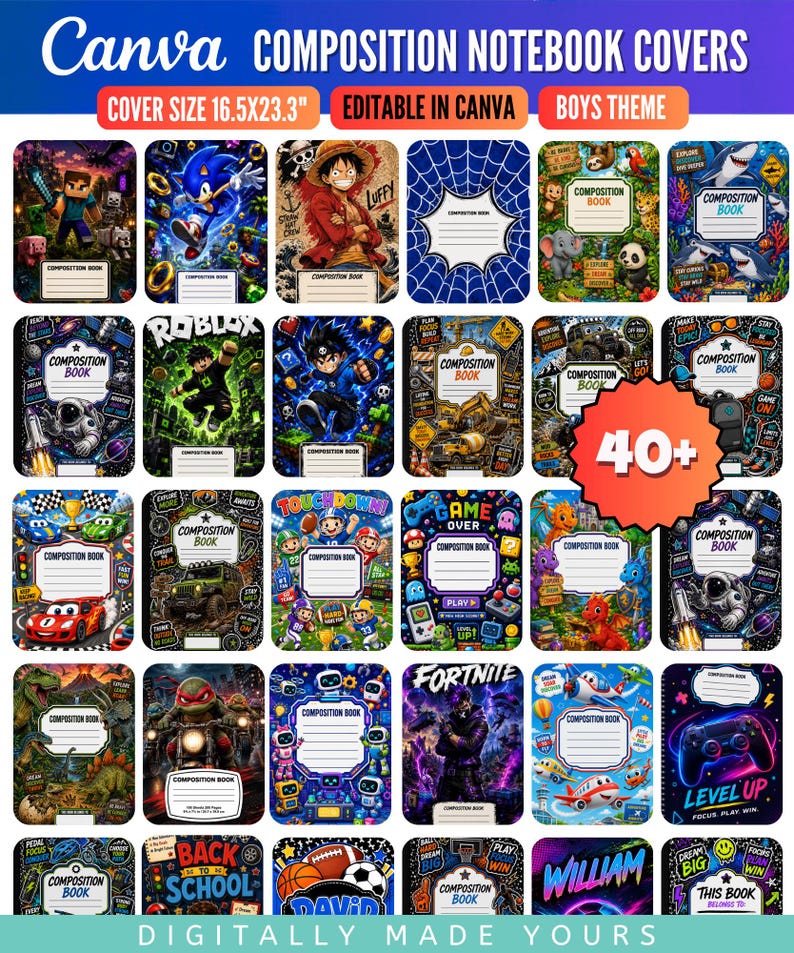 May include: A collection of over 40 digital composition notebook covers featuring various graphic themes including video games, space, sports, and animals. Each cover includes a central white label with the text Composition Book.