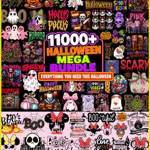Könnte beinhalten: Eine digitale Sammlung von Halloween-Grafikdesigns mit Geistern, Kürbissen, Totenköpfen und Horrorfiguren. Der zentrale Text lautet 11000+ HALLOWEEN MEGA BUNDLE und EVERYTHING YOU NEED THIS HALLOWEEN, umgeben von zahlreichen bunten Illustrationen.