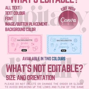 May include: A pink and light blue digital template for a bachelorette party game. The text reads "What's Editable?" and "What's Not Editable?" with Canva branding. The game is available in two colors.