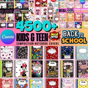 Peut inclure: Une collection numérique de plus de 4500 couvertures de cahiers de composition imprimables avec des motifs variés, incluant des personnages de dessins animés, des fleurs, des super-héros et des illustrations alimentaires avec le texte Back to School.