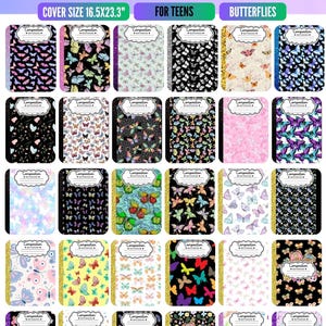 May include: A collection of thirty digital composition notebook covers featuring various butterfly patterns, colors, and designs. Each cover includes a white label area with the text Composition Notebook. The size is 16.5x23.3 inches.