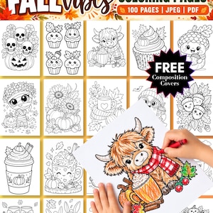 May include: A digital collection of 100 autumn-themed colouring pages featuring black and white line art of pumpkins, skulls, cupcakes, acorns, sunflowers, and a highland cow. The set includes JPEG and PDF files with free composition covers.
