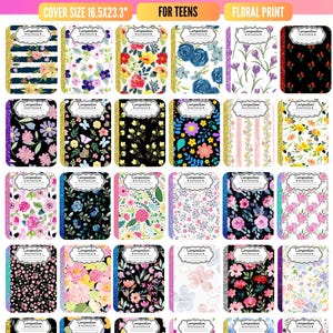 May include: A collection of thirty digital composition notebook covers featuring diverse floral patterns, colorful botanical illustrations, and glitter-textured spines. Each cover includes a white label area with the text Composition Notebook.