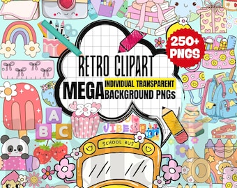Retro School Clipart, Groovy School Clipart Bundle, Back to School PNG, Study Stickers, Daisy books Pencil, SVG & PNG Digital Download