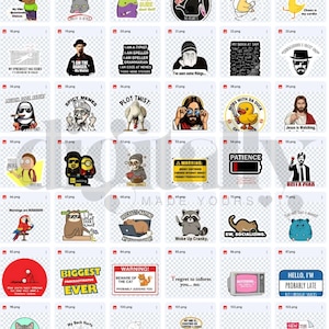 May include: Collection of various sticker designs with humorous text and illustrations. Includes images of cats, dogs, and pop culture references. Some stickers feature phrases like "No Regrets," "Spicy Memes," and "Procrastination."