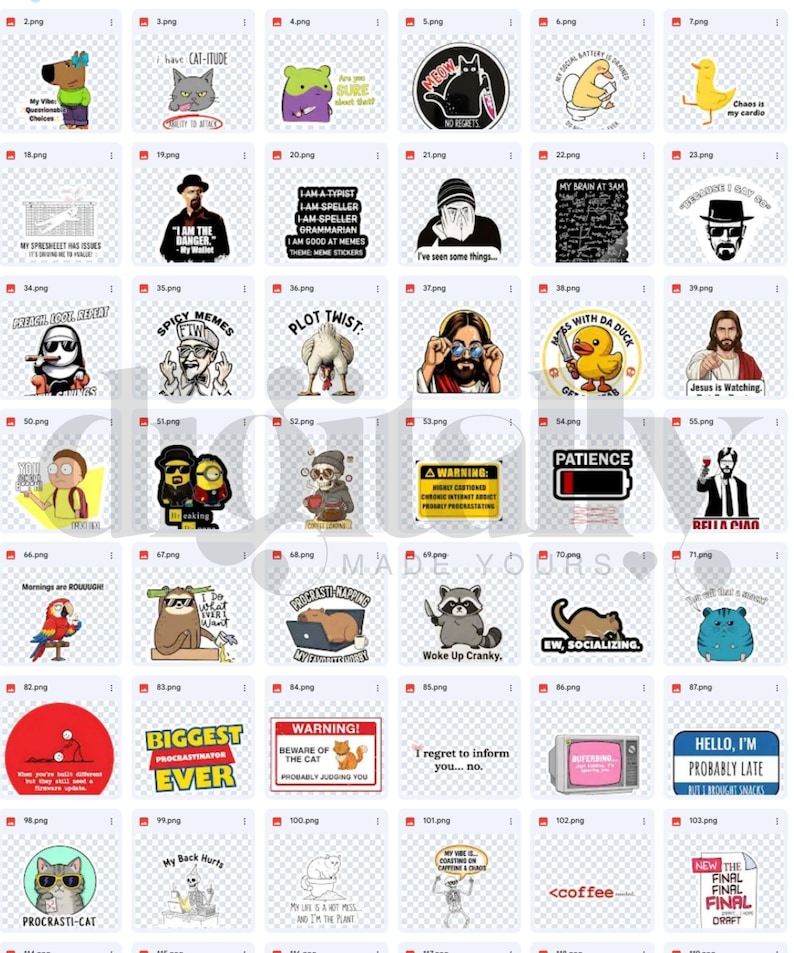 May include: Collection of various sticker designs with humorous text and illustrations. Includes images of cats, dogs, and pop culture references. Some stickers feature phrases like "No Regrets," "Spicy Memes," and "Procrastination."