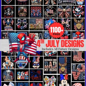 Pode incluir: Uma coleção de designs digitais com tema patriótico, apresentando imagens da bandeira americana, personagens de desenhos animados e texto. Os designs incluem o texto "4th July Designs" e "Digitally Made Yours".