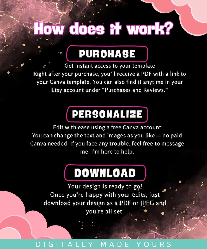 May include: An instructional graphic on a black background with pink accents and gold glitter details. The text reads: How does it work? PURCHASE: Get instant access to your template. PERSONALIZE: Edit with ease using a free Canva account. DOWNLOAD: Your design is ready to go! Digitally Made Yours.