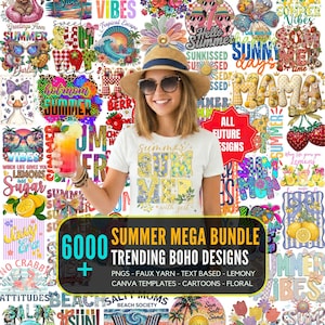 Könnte beinhalten: Eine Frau mit Strohhut und Sonnenbrille hält einen Cocktail. Das Bild ist voller sommerlicher Grafiken und Texte, darunter "Summer Vibes" und "Beach". Ein Banner wirbt für ein "Summer Mega Bundle" mit "6000 Trending Boho Designs."