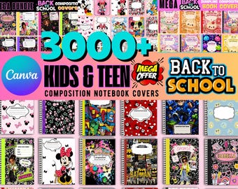 Editable Composition Notebook Cover Templates, Back to School Mega Bundle, Canva Notebook Covers, Printable School Binder Covers