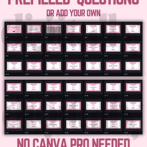 May include: A digital product display featuring a grid of 42 pink and white templates with the text "FOR LIFE". The words "PREFILLED QUESTIONS" and "OR ADD YOUR OWN" are at the top. The phrase "NO CANVA PRO NEEDED" is at the bottom.