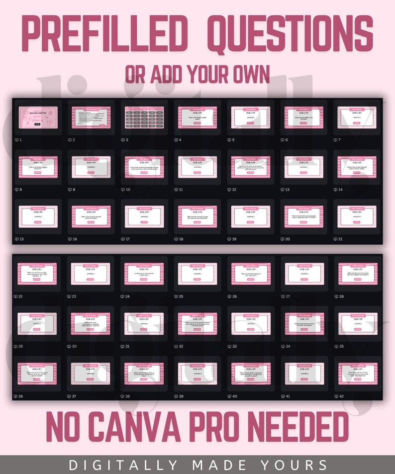 May include: A digital product display featuring a grid of 42 pink and white templates with the text "FOR LIFE". The words "PREFILLED QUESTIONS" and "OR ADD YOUR OWN" are at the top. The phrase "NO CANVA PRO NEEDED" is at the bottom.