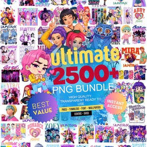 May include: A vibrant digital art collage featuring various character designs and the text "Ultimate 2500+ PNG Bundle." The image includes the phrases "Best Value" and "Instant Access," along with other text. The overall theme is digital art.