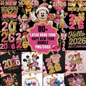 Puede incluir: Una colección de diseños digitales con temática de Año Nuevo. Los diseños incluyen personajes como Mickey Mouse, Winnie the Pooh y Stitch, junto con los números 2026. Los diseños están disponibles como archivos PNG y SVG.