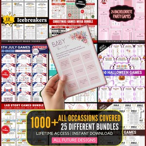May include: A collection of printable game bundles for various occasions, including Christmas, bachelorette parties, Fourth of July, Halloween, and Bible-themed activities, featuring grids, text, and floral graphics on digital sheets for instant download.