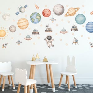 Space Wall Stickers Watercolor Solar System Nursery Decals Astronauts Planets and Spaceship Wall Art Kids Room Playroom Decor Peel and Stick