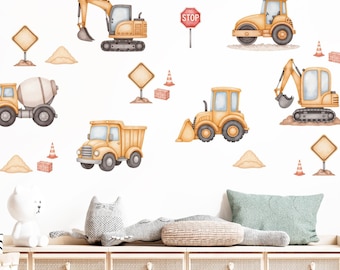 Construction Truck Wall Stickers Watercolor Trucks Nursery Decals Excavator Bulldozer Dump Wall Art Kids Room Playroom Decor Peel and Stick